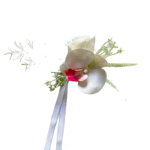Artificial white orchid boutonniere for wedding bridal corsage floral decoration pin