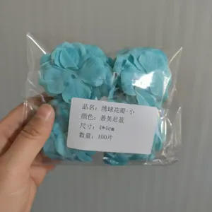 Blue fabric hydrangea petals detail, 4x4cm craft floral material pack of 100 pieces.