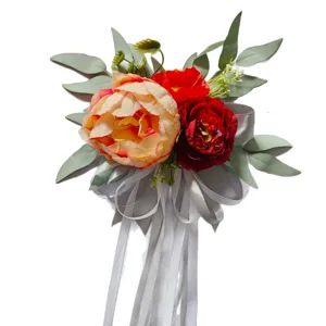 Artificial flower chair back decoration wedding party staircase floral decor with ribbons