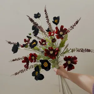 8-Branch Artificial Flower Bouquet Black Cosmos Poppy Faux Floral Gift for Home Decor