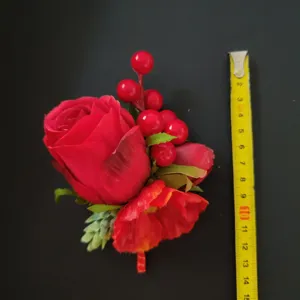 Artificial Silk Rose Flower Boutonniere Groom Groomsman Corsage Lapel Pin for Wedding Business Party Suit Decoration