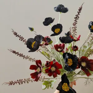 Artificial black poppy and cosmos flower bouquet, elegant dark floral arrangement gift.