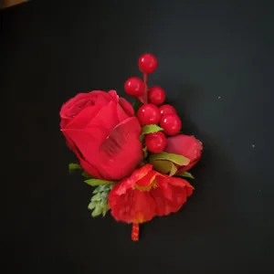 Red artificial rose boutonniere for men suit, wedding groom flower, party festival gift decoration.