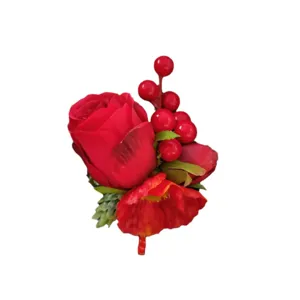 Red artificial rose boutonniere groom suit lapel flower wedding party decoration item.