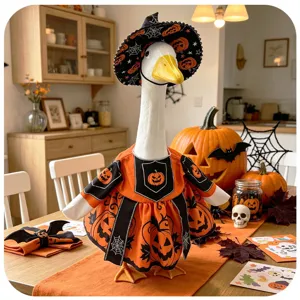 Halloween porch goose costume set with pumpkin dress and witch hat for festive party decor.