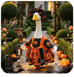 Halloween porch goose costume outfit details with witch hat and pumpkin dress in yard scene.