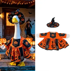 Halloween Porch Goose Outfit Pumpkin Witch Hat And Orange Black Spider Web Pattern Dress For Garden Yard Goose Statue Decor