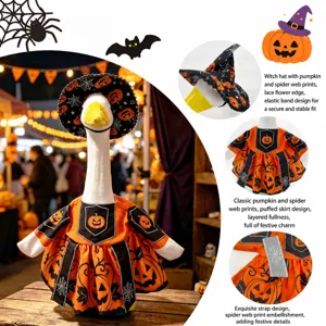 Halloween porch goose costume set with pumpkin witch hat and spiderweb dress for 23 inch goose.