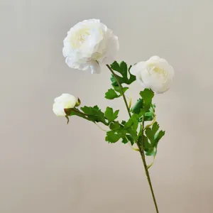 Detailed close-up of a 3-head white artificial ranunculus flower branch for decoration.