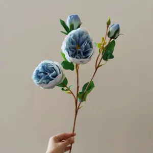 Blue artificial Austin rose silk flower stem with 3 heads for wedding home decor and floral arrangements.