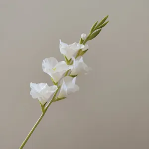 Single branch artificial gladiolus flower detail shot, premium white floral decor.
