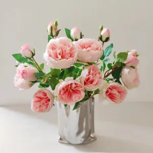 Pink artificial Austin rose bouquet with silver vase for home decor, wedding and party styling.