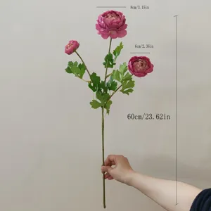 3-Head Artificial Peony Silk Flower Lifelike Floral Branch for Home Decor 60cm