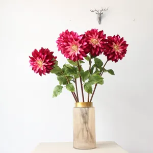 Artificial dahlia flower bouquet in glass vase for home decor, wedding and photography props.