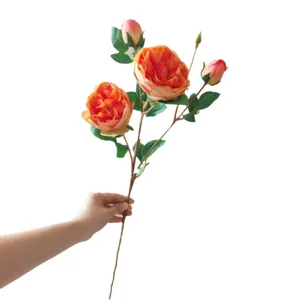 Artificial 3-head Austin rose silk flower branch for home decor wedding party arrangement.