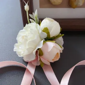 Artificial flower corsage pink white wrist band wedding graduation Hanfu Chinese style hair accessory detail view