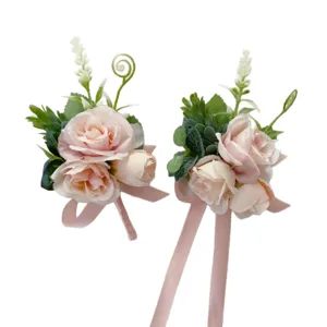 Pink artificial flower boutonnieres set, bride bridesmaid corsage for wedding party photo.
