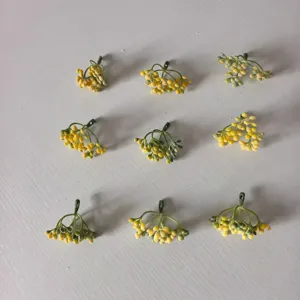 Flocked yellow artificial berry stems 6-fork fake plant DIY garland floral craft accessories