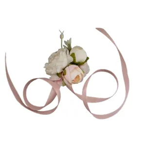 Elegant pink white artificial flower corsage ribbon hair accessory wedding party decor