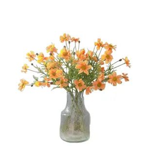 Orange artificial cosmos flowers bouquet in clear glass vase for home decor DIY craft floral