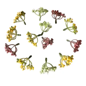 Flocked 6-prong artificial small berry clusters for DIY crafts and garland accessories