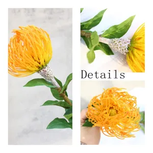 Artificial flocked pincushion flower single branch tropical decor detail view close up.