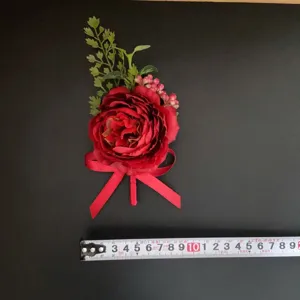 Red artificial flower boutonniere with ribbon for wedding groom groomsmen wedding party decor