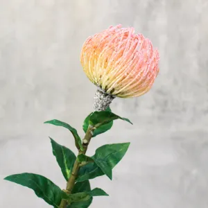 Artificial pincer protea flower single stem flocking green leaf home decor photo prop detail