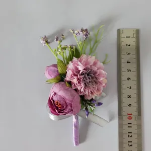 Purple artificial flower boutonniere for wedding groom suit decoration and formal party events.