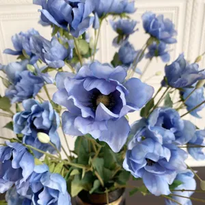 Bouquet di fiori di seta di anemone blu artificiale per decorazione casa e nozze.