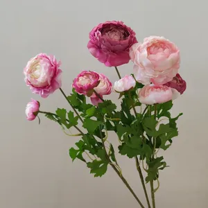 3-head artificial ranunculus silk flowers pink peonies home decor photography props background