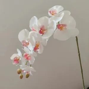 Artificial Phalaenopsis orchid detail, 9 heads white pink fake flower for home decor display.