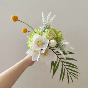 Bouquet de Fleurs en Soie Artificielle Blanc et Vert avec Hortensia Rose Orchidée Fausses Fleurs pour Centre de Table Décor de Mariage