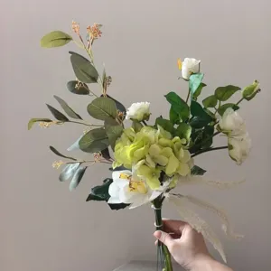 Bouquet de Fleurs en Soie Artificielle avec Roses Blanches et Vertes Hortensia Décoration de Maison Mariage Fête Arrangement de Centre de Table