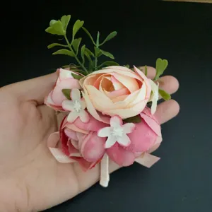Artificial pink rose boutonnière wedding corsage flower brooch for groom and party decoration