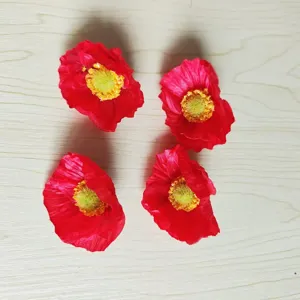 Detail view of 4 red artificial poppy flower heads, perfect for DIY hairpins and Hanfu decoration.