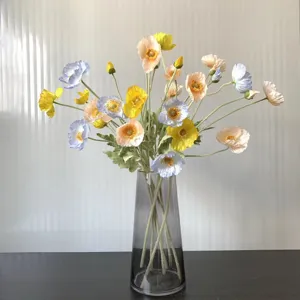 Artificial Icelandic poppy silk flowers bouquet in grey glass vase for home decor 4pcs