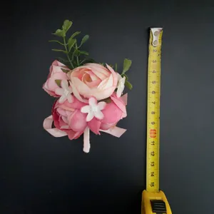 Artificial flower boutonniere pink rose corsage wedding groom best man suit decor.