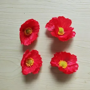 4 pcs red artificial poppy flower heads for DIY hair accessories and crafting details.