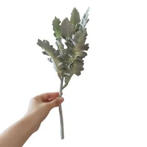 Artificial silver ragwort leaf flocked faux rabbit ear plant foliage for flower arrangement