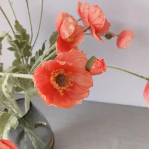 Exquisite 4-head artificial Iceland poppy flower detail, coral pink silk floral arrangement.