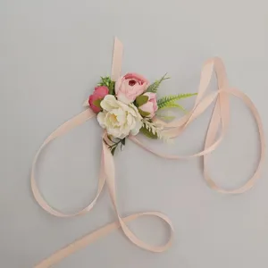 Artificial wrist corsage pink rose flower for wedding bridesmaid party decor piece