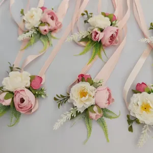 Artificial rose wrist flower set, pink white wedding bridesmaid corsage with ribbon decor.