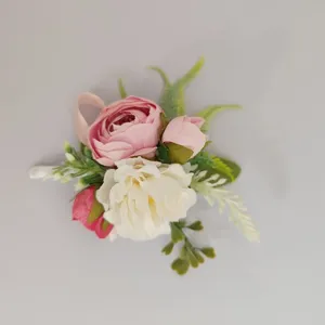 Artificial flower rose boutonniere pink white corsage wedding groom groomsmen party decor