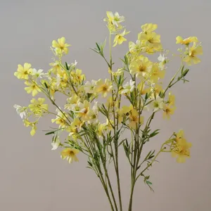 Artificial clematis silk flowers bouquet, 12 heads yellow small floral arrangement for home decor.