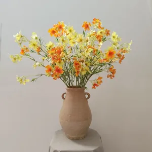 Artificial clematis silk flowers bouquet with vintage ceramic vase for home decor wedding party