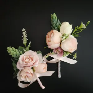 Lichtroze Kunstmatig Zijde Roos Corsage Met Groene Bladeren En Lint Voor Bruidegom Bruigom Huwelijk Feest Bloemen Decor