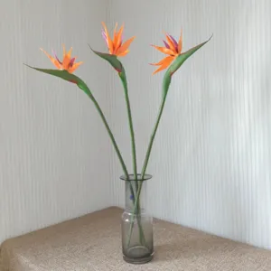 Detailansicht künstlicher Paradiesvogelblumen in Glasvase für schöne Heimdekoration.