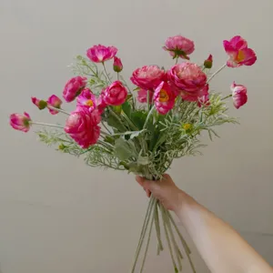Artificial pink ranunculus bouquet faux silk flowers for home decor photography props gift.