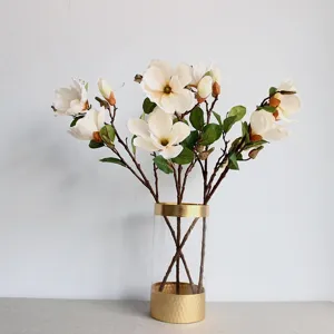 Detailansicht künstlicher Magnolienblüten in einer klaren Glasvase mit edlem Goldrand.